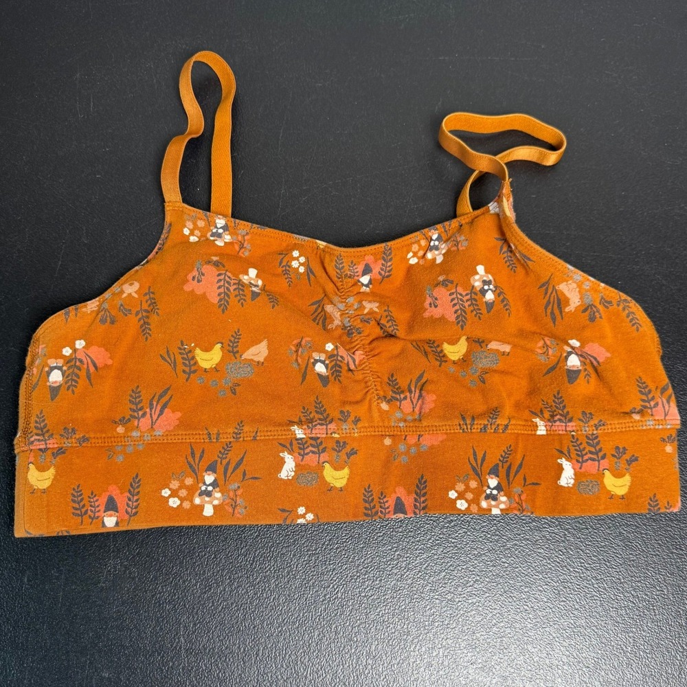 Duluth Trading Co Organic Cotton Gnome Chicken Print Bralette Orange Medium